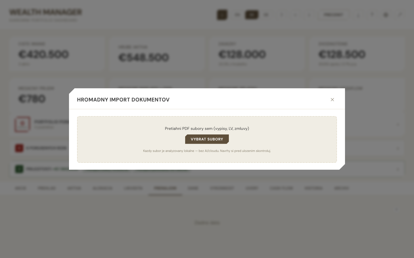 Bulk Document Import modal s drop zónou a textom Drop PDFs here a tlačidlom Choose Files